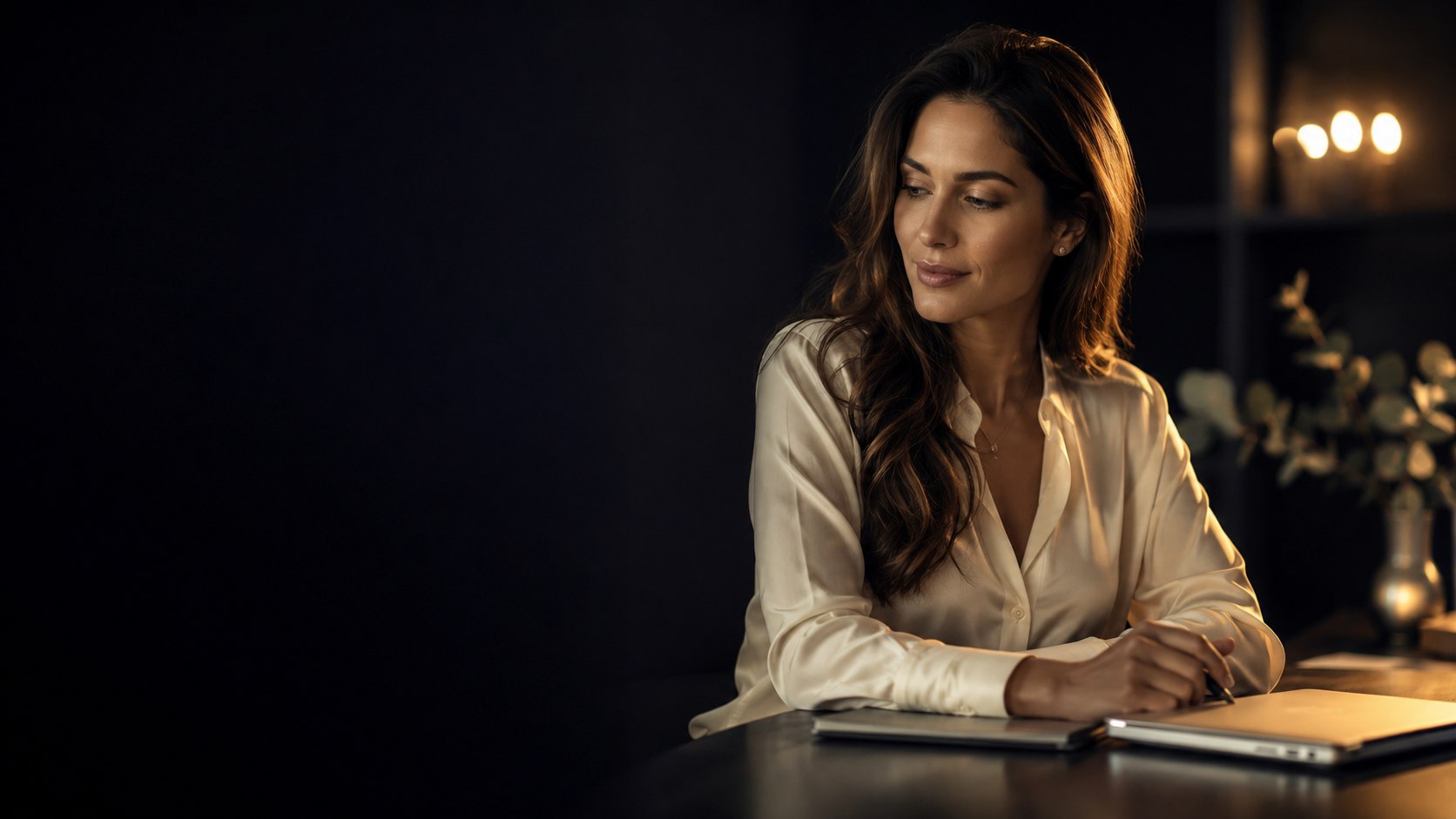 A poised virtual assistant in a warmly lit, elegant workspace
